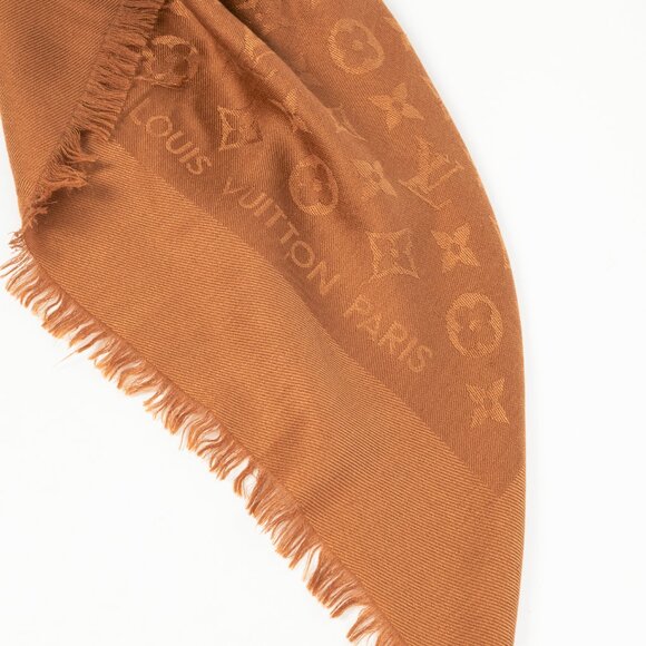Louis Vuitton Camel Silk & Wool Monogram Fringe Shawl - Picture 2 of 5